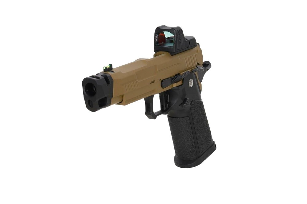 Arcturus Vanguard 4.3" Hi-Capa GBB OR airsoft pistol with ARS-1 red dot sight + compensator Half-Tan