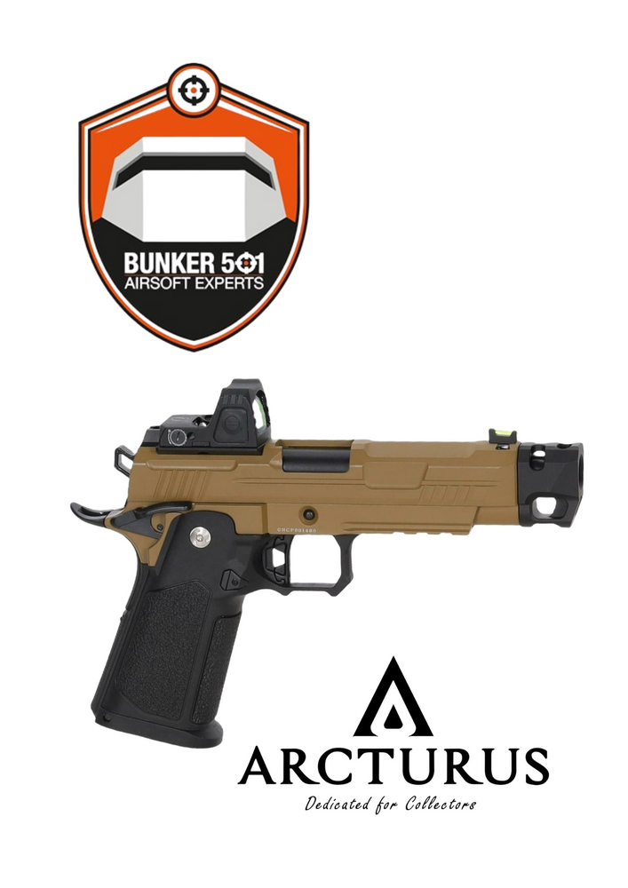 Arcturus Vanguard 4.3" Hi-Capa GBB OR airsoft pistol with ARS-1 red dot sight + compensator Half-Tan